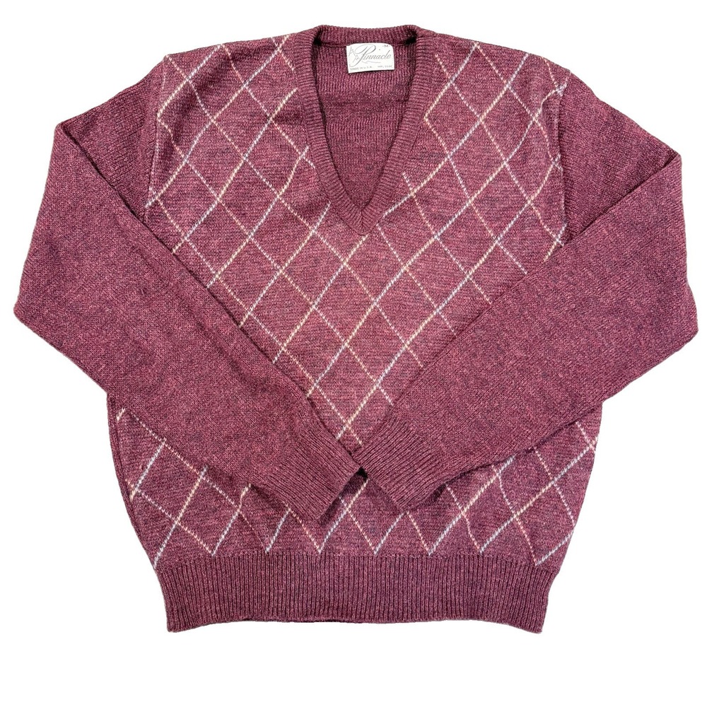 Vintage Pinnacle Mens M Argyle V Neck Sweater Purple Knit Grandpa Core USA Made